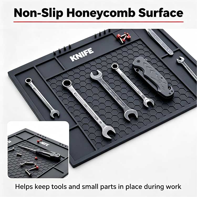Hexagonal honeycomb grip surface on a knife tool mat holding tools.