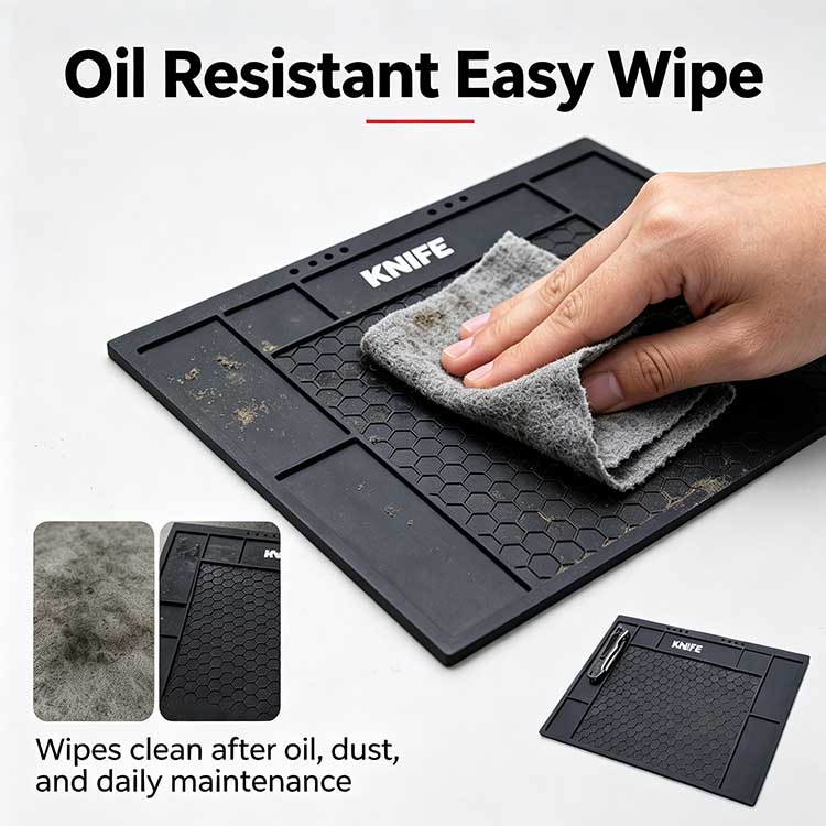 Oil-resistant rubber knife tool mat easily wiping clean after use.