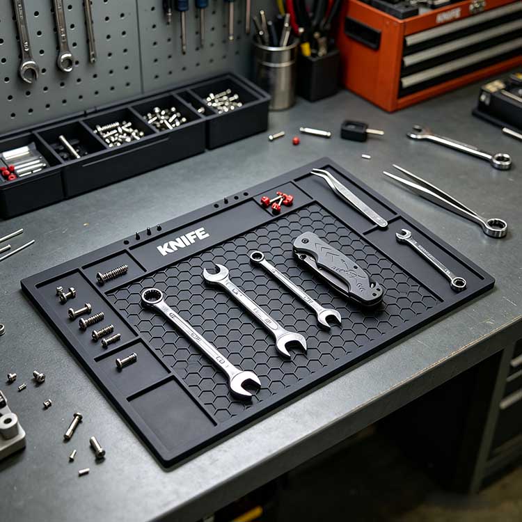 Knife tool mat organizing tools and hardware on a busy metal workshop bench