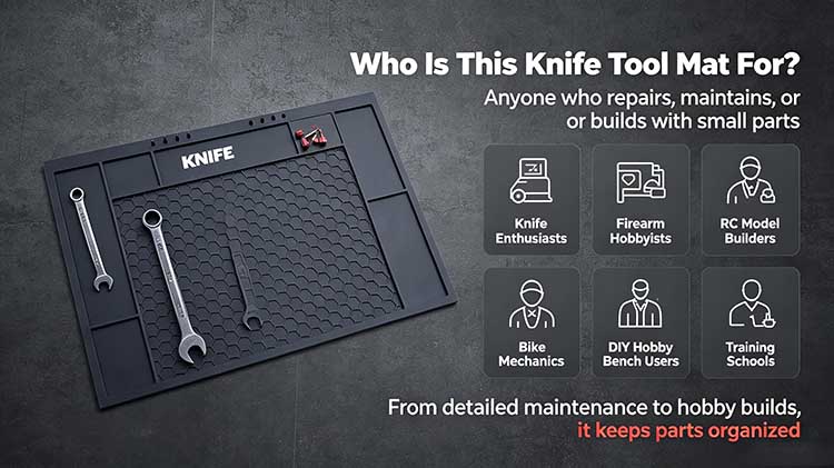Knife tool mat for enthusiasts, hobbyists, bike mechanics, and training schools.