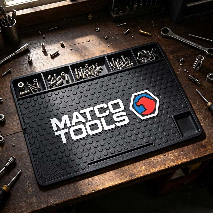 Workshop setup showing a Matco Tools rubber garage mat with organized hardware slots and non-slip dot surface