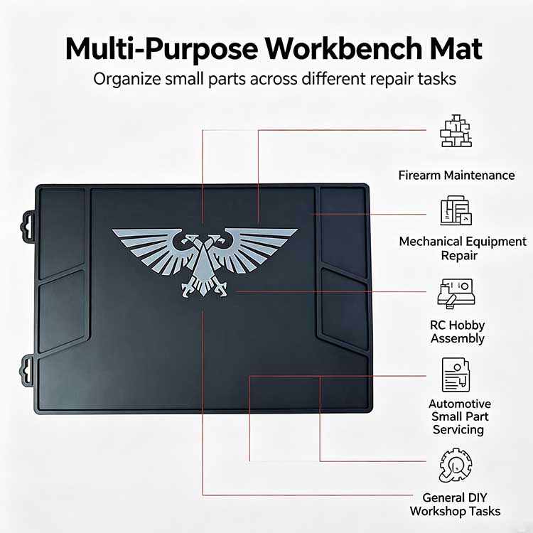 Multi-purpose tool mat for firearm maintenance, automotive repair, RC hobby assembly, and general mechanical tasks.