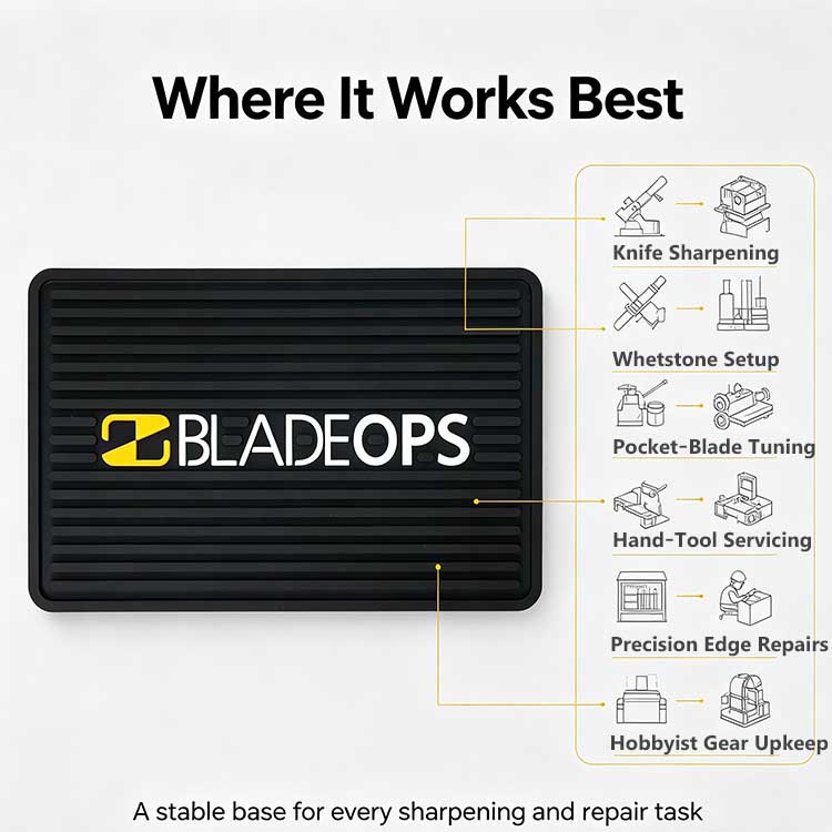 Multi-scenario silicone sharpening mat for custom knife making workshop and tool servicing.