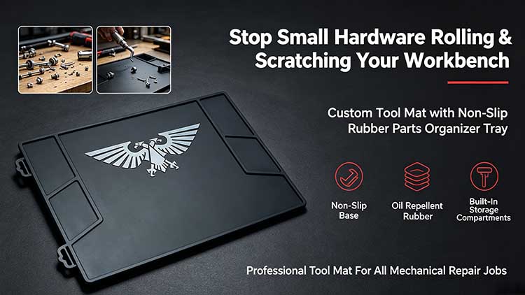 Professional heavy-duty tool mat with side storage trays and non-slip rubber base for workshop use