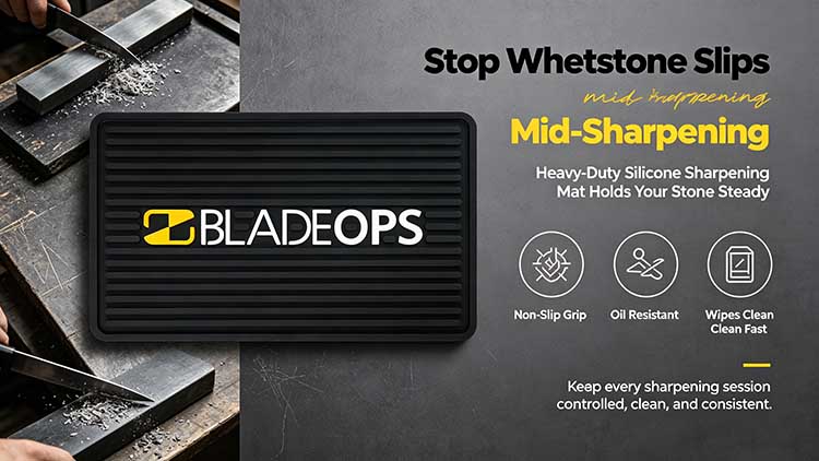 Non-slip silicone sharpening mat for whetstones with deep drainage grooves.