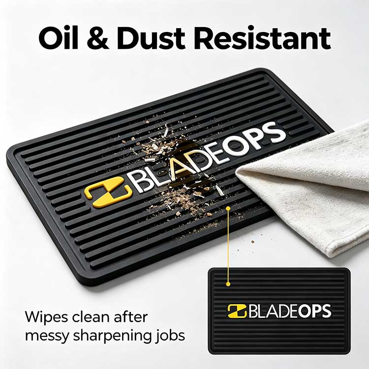 Sharpening mat with slurry drainage channels keeping the workbench clean from metal filings.