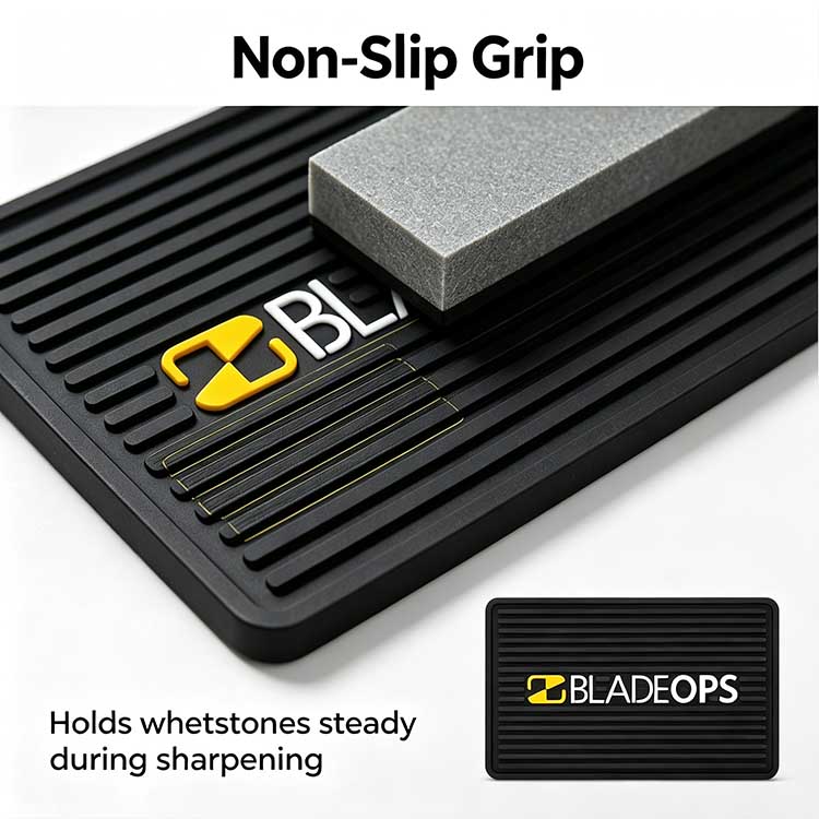 Non-slip sharpening mat with deep traction grooves holding a whetstone steady.