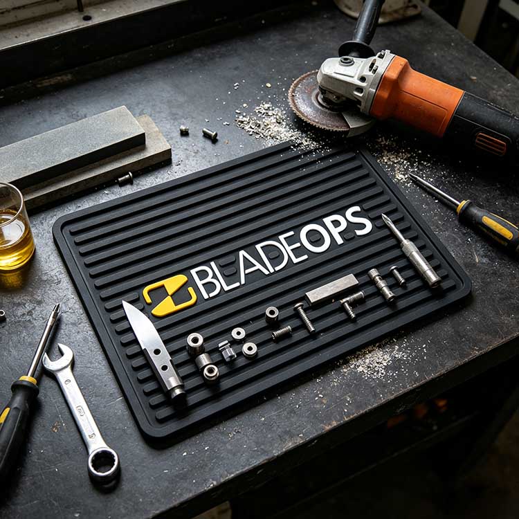 Silicone sharpening mat organizing blades and tools in a heavy-duty workshop.