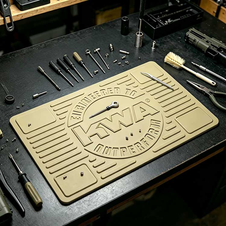 Tactical gun mat displaying a complete armorer's tool layout with corner storage slots.