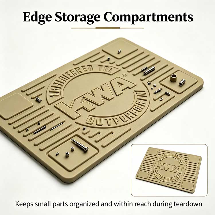 Tactical gun mat with 4 corner storage compartments for sorting firearm pins
