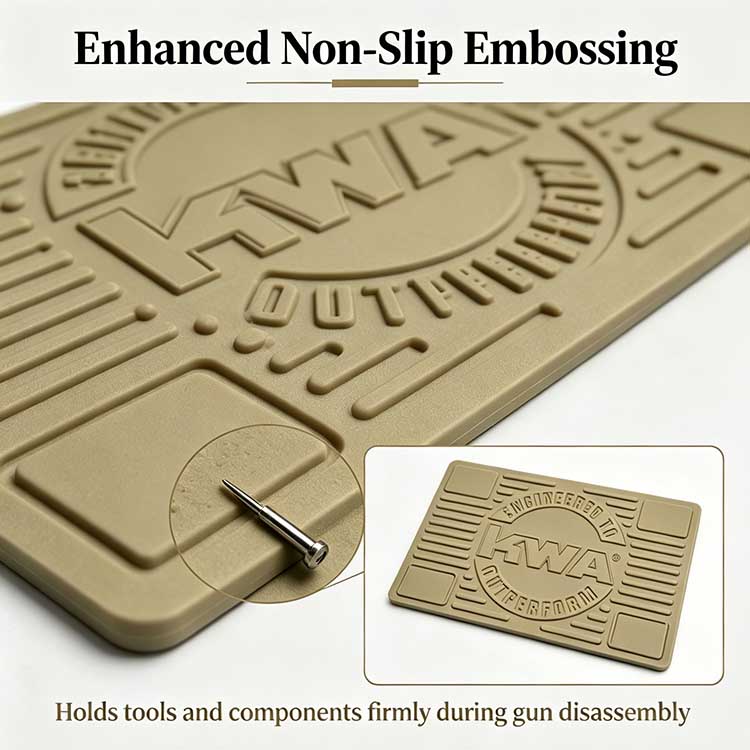 Horizontal ribbed non-slip embossing on a tactical gun mat holding tools.