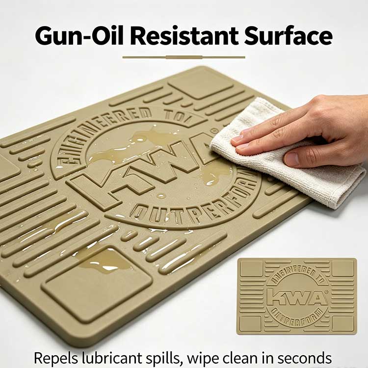 Gun-oil resistant tactical mat repelling CLP and lubricant spills.