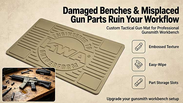 Heavy-duty non-slip tactical gun mat for professional gunsmith and airsoft workbenches.