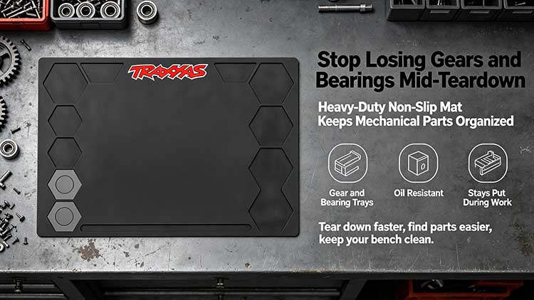 Non-slip RC takedown mat with hex pockets holding gears and bearings