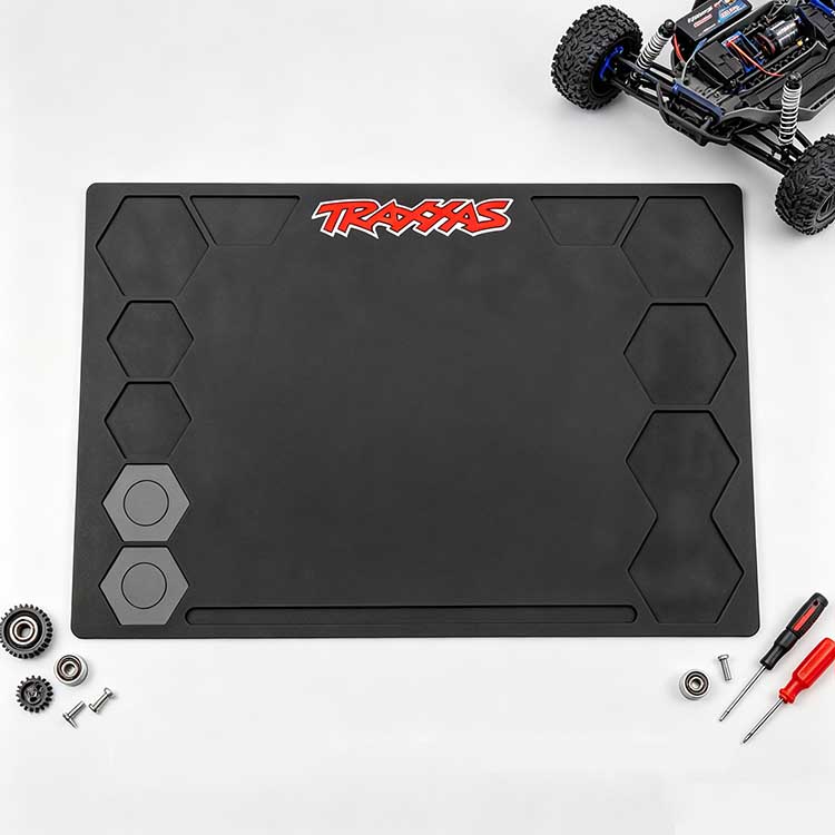 Portable rollable takedown mat for RC pit storage and travel.