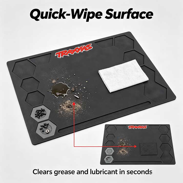 Quick-wipe oil resistant takedown mat clearing grease in seconds.