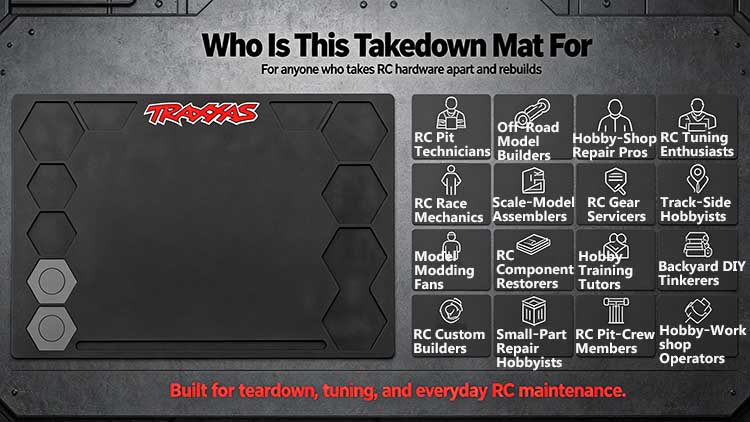 Takedown mat for RC pit technicians race mechanics and hobbyists.