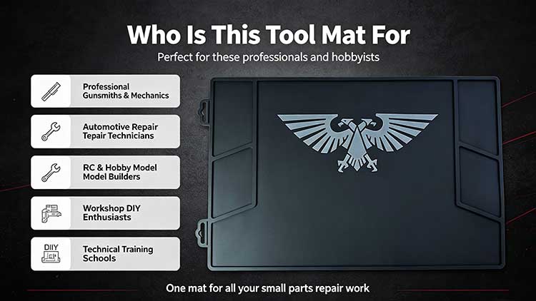 Infographic showing tool mat target audience including gunsmiths, automotive technicians, and DIY hobbyists.