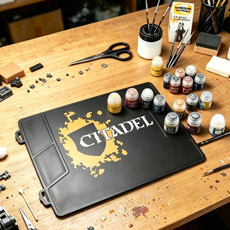 Black silicone workshop mat organizing hobby paints and brushes on a wooden desk