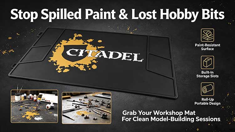 Non-slip workshop mat with storage slots for hobby paints and miniature tools