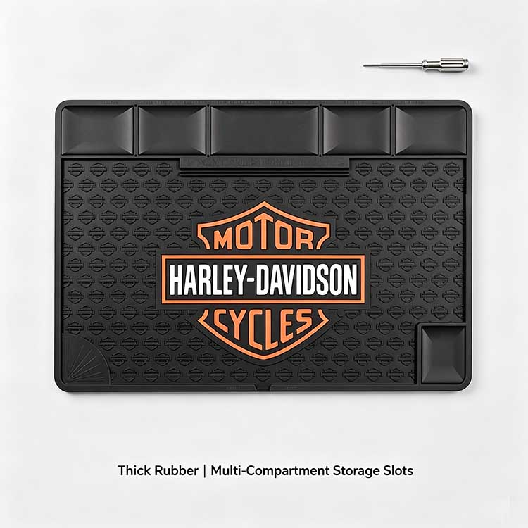 Full overhead shot custom Harley rubber utility mat thick heavy duty rubber multi compartment work tray for mechanics
