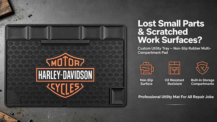 Black rubber utility mat with Harley logo multi compartment storage non slip oil resistant pad for motorcycle repair workshops