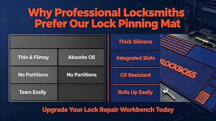 Lock Pinning Mat core advantages infographic comparing thick silicone mat against thin cheap rubber repair mats