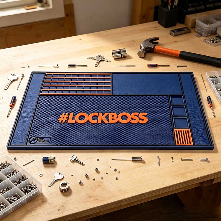 Lock Pinning Mat thick silicone mat laid on wooden locksmith workshop bench with lock hardware and hand tools