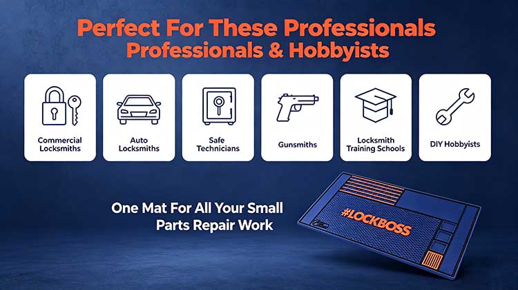 Lock Pinning Mat target user group icon infographic for locksmith, gunsmith, safe tech, training school and DIY hobbyists