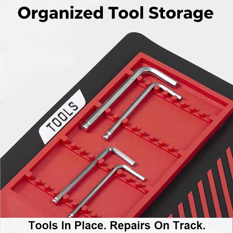 Dedicated Allen key holder slots on a magnetic tool mat for organization.