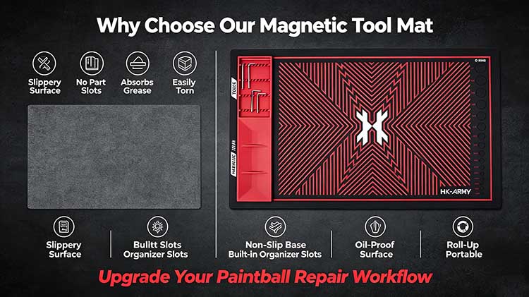 Comparison of magnetic tool mat with built-in slots versus a slippery thin pad