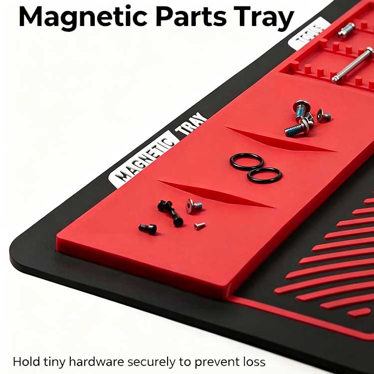 Embedded magnetic screw tray on a tool mat holding tiny springs and screws securely