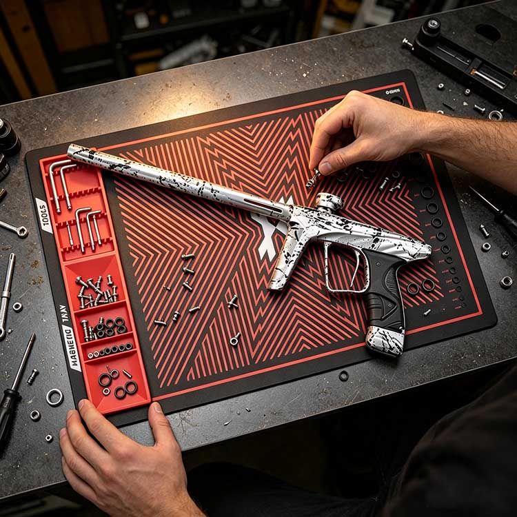Hands-on magnetic tool mat used for paintball marker repair with magnetic tray and O-ring slots