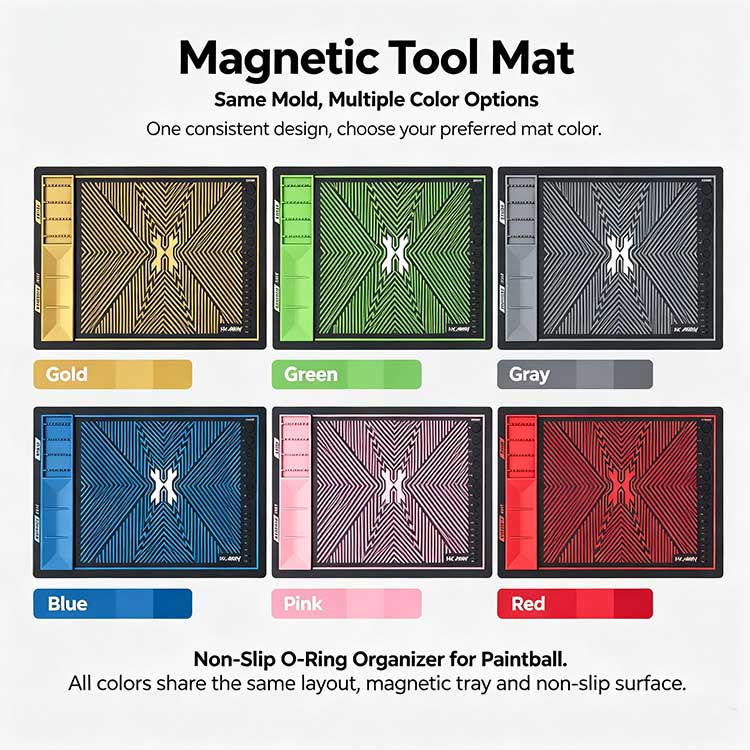 Magnetic tool mat for paintball, available in multiple colors including gold, green, gray, blue, pink, and red