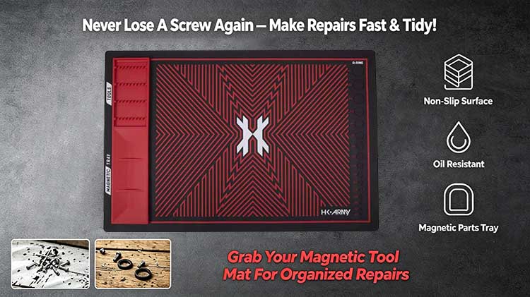Magnetic tool mat preventing paintball hardware loss with o-ring slots and magnetic screw tray