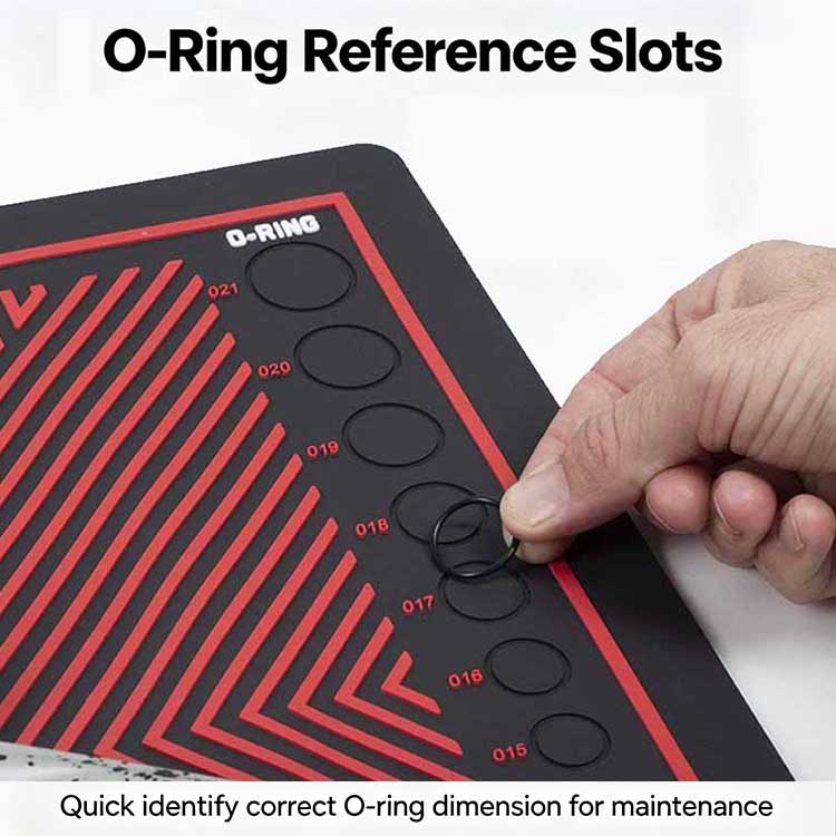 Numbered O-ring reference slots on magnetic tool mat for organizing paintball seals