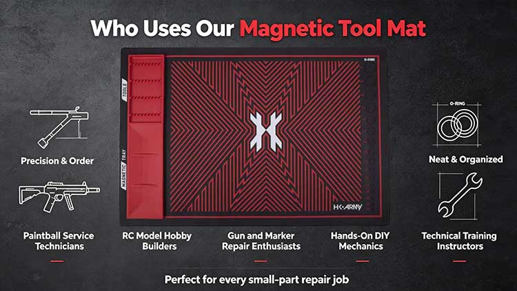 Magnetic tool mat designed for paintball technicians, RC hobby builders and global DIY mechanical repair enthusiasts