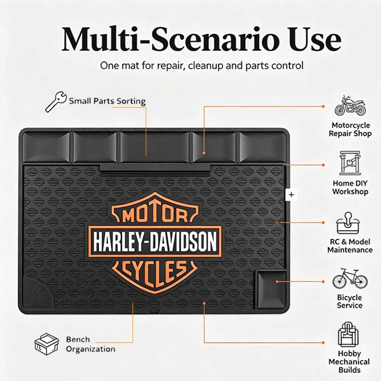 Infographic showing multi scenario use of rubber utility mat for motorcycle bike RC model home workshop repair jobs