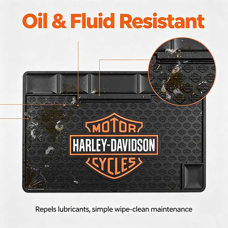 Custom rubber utility mat oil and fluid resistant easy wipe clean surface for motorcycle workshop spills