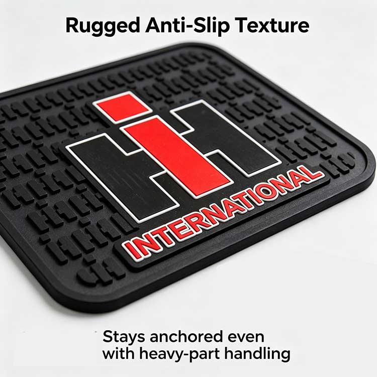 Rugged anti-slip grid texture on a heavy-duty utility mat for workshops