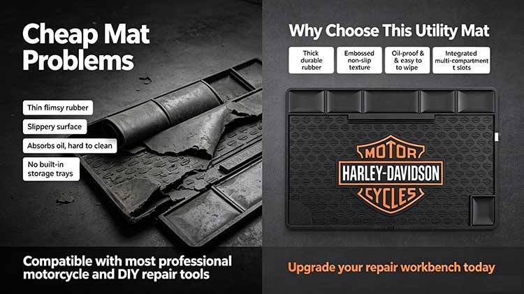 Side by side comparison graphic cheap flimsy rubber mat vs thick oil resistant non slip motorcycle repair utility mat