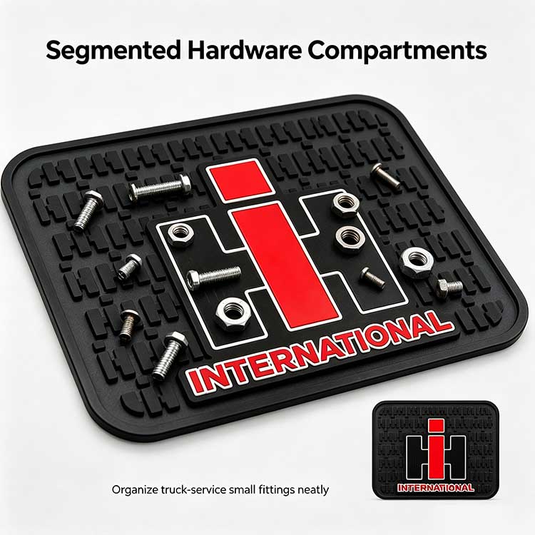 Raised rounded edges on a utility mat preventing hardware rolling off
