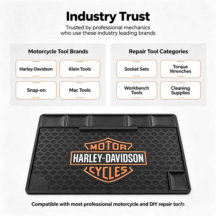 Industry trust infographic listing compatible motorcycle and repair tool brands for rubber workshop utility mat