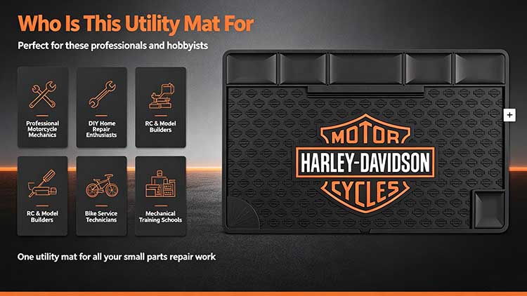 Audience infographic listing professional motorcycle mechanics DIY hobbyists RC builders suited for rubber workshop utility mat