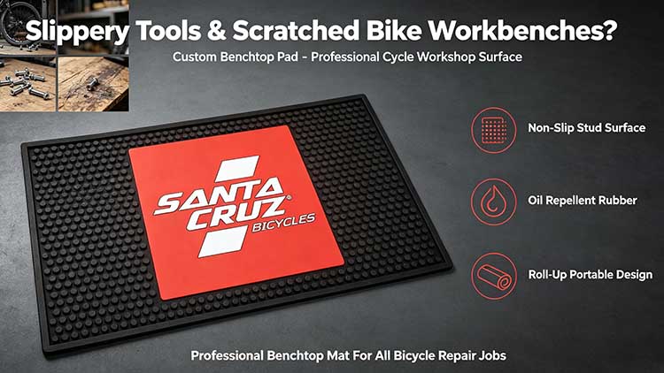 Heavy-duty benchtop mat with non-slip studded surface and oil-repellent rubber for professional bicycle workshop use