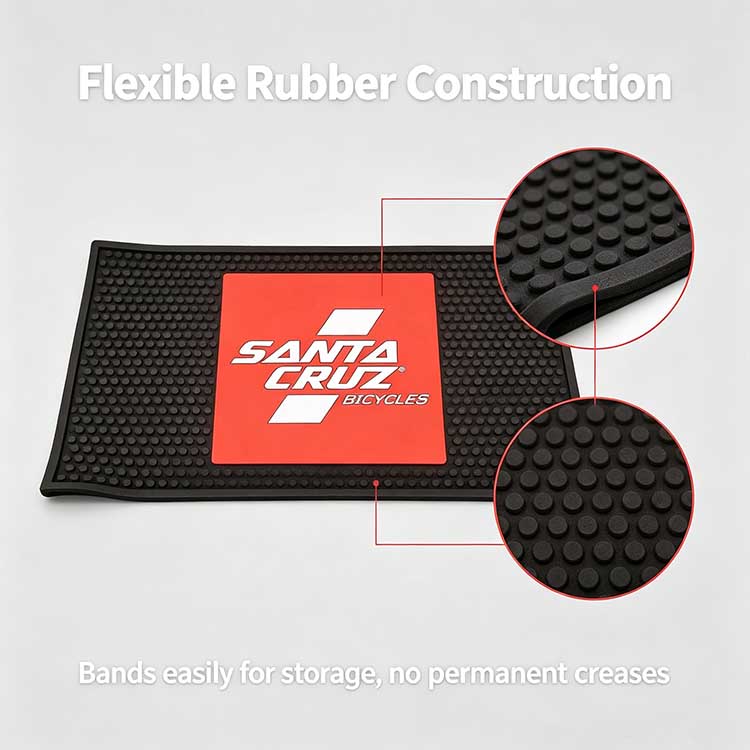 Flexible and rollable rubber benchtop mat showing its bendable construction for easy storage without permanent creases
