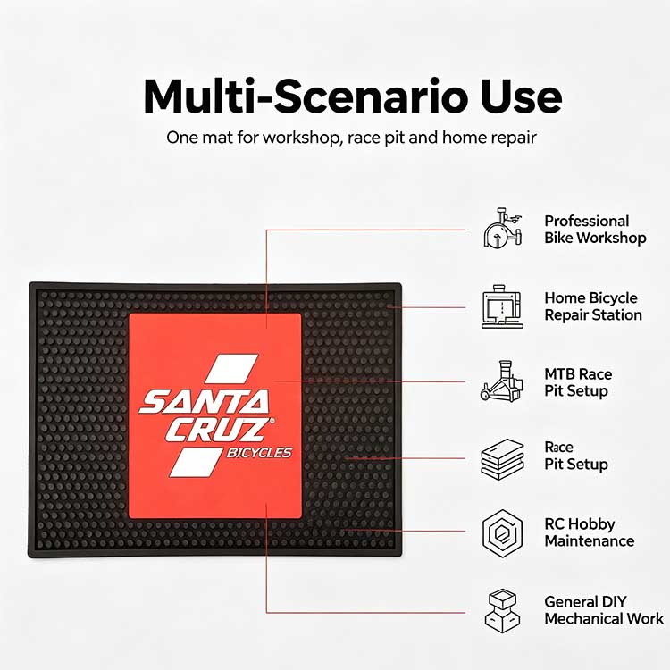 Multi-scenario use of the benchtop mat for professional bike workshops, home repair, MTB race pits, and RC hobby maintenance