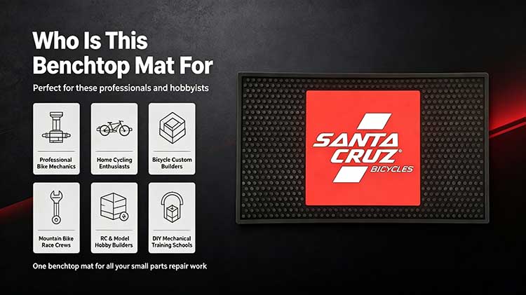 The benchtop mat is used by professional bike mechanics, home cycling enthusiasts, RC model builders, and DIY mechanics