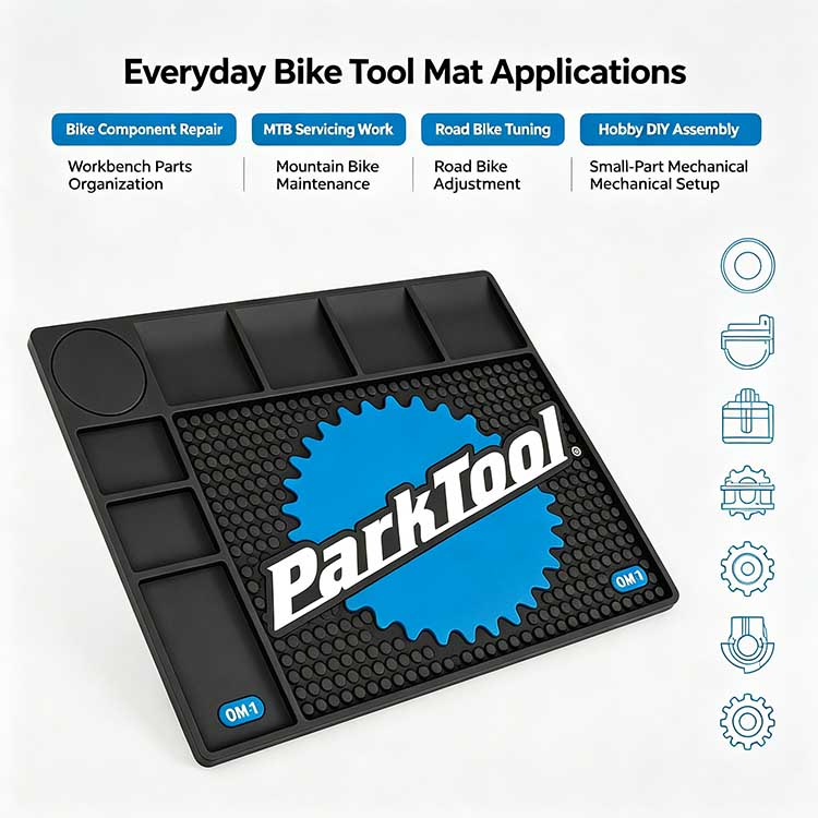 Versatile bicycle tool mat for professional and DIY bike repairs.