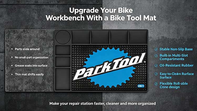 Comparison of heavy-duty bicycle tool mat versus basic thin workbench pads.